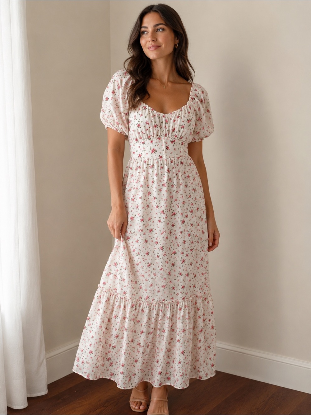 Inspired Hearts Cream Maxi Dress with Pink Floral Print